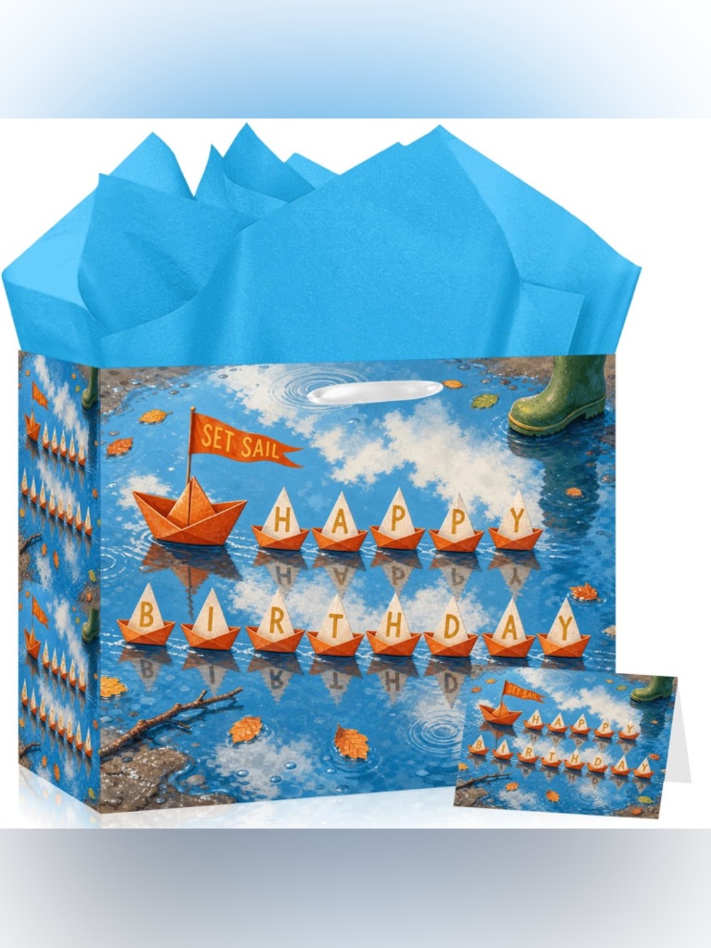 NWT Happy Birthday Gift Bag Set Paper Boats Card & Blue Tissue